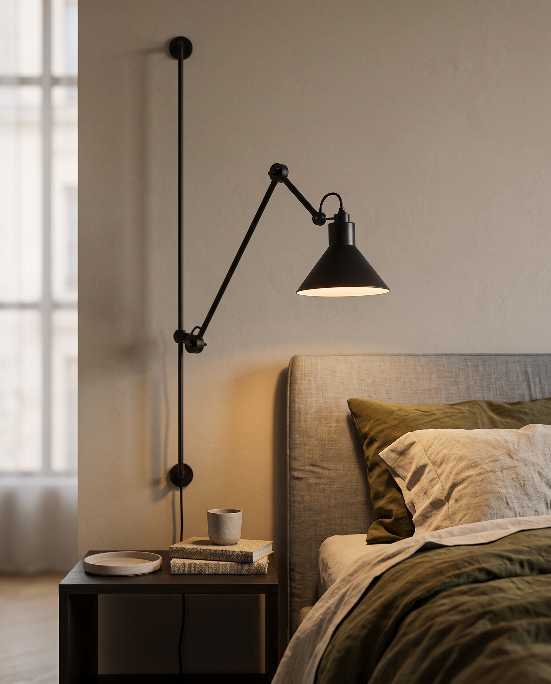 Black Iron Swing Arm Wall Light, Adjustable — hero mounted above the headboard, cozy modern bedroom, soft warm reading glow
