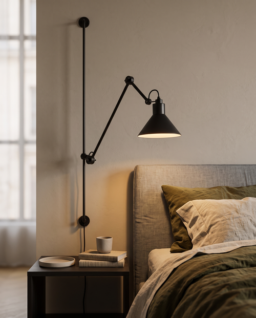 Black Iron Swing Arm Wall Light, Adjustable — hero mounted above the headboard, cozy modern bedroom, soft warm reading glow