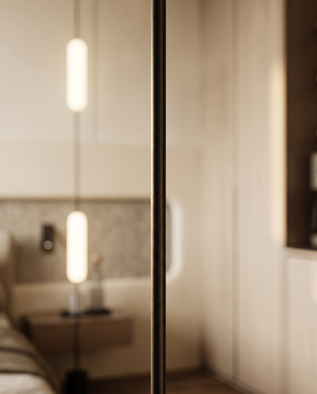 Linear LED Floor-to-Ceiling Lamp, Dimmable — detail macro of linear metal fitting, warm side light