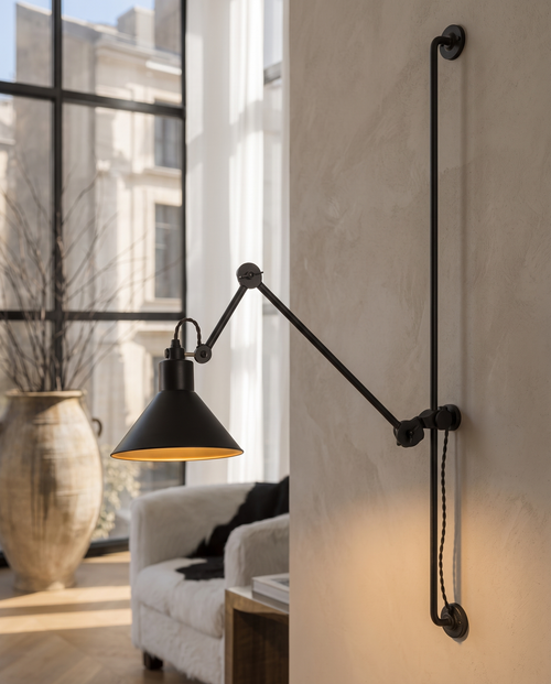 Black Iron Swing Arm Wall Light, Adjustable — alternate angle showing swing-arm articulation, warm neutral wall, adjustable black iron arm