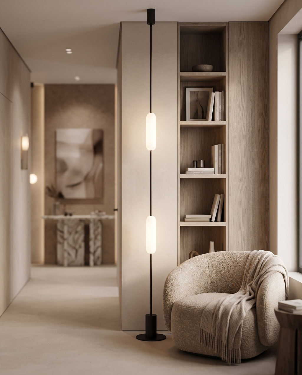 Linear LED Floor-to-Ceiling Lamp, Dimmable — reading corner in modern luxury hallway, soft evening light