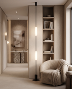 Linear LED Floor-to-Ceiling Lamp, Dimmable — reading corner in modern luxury hallway, soft evening light