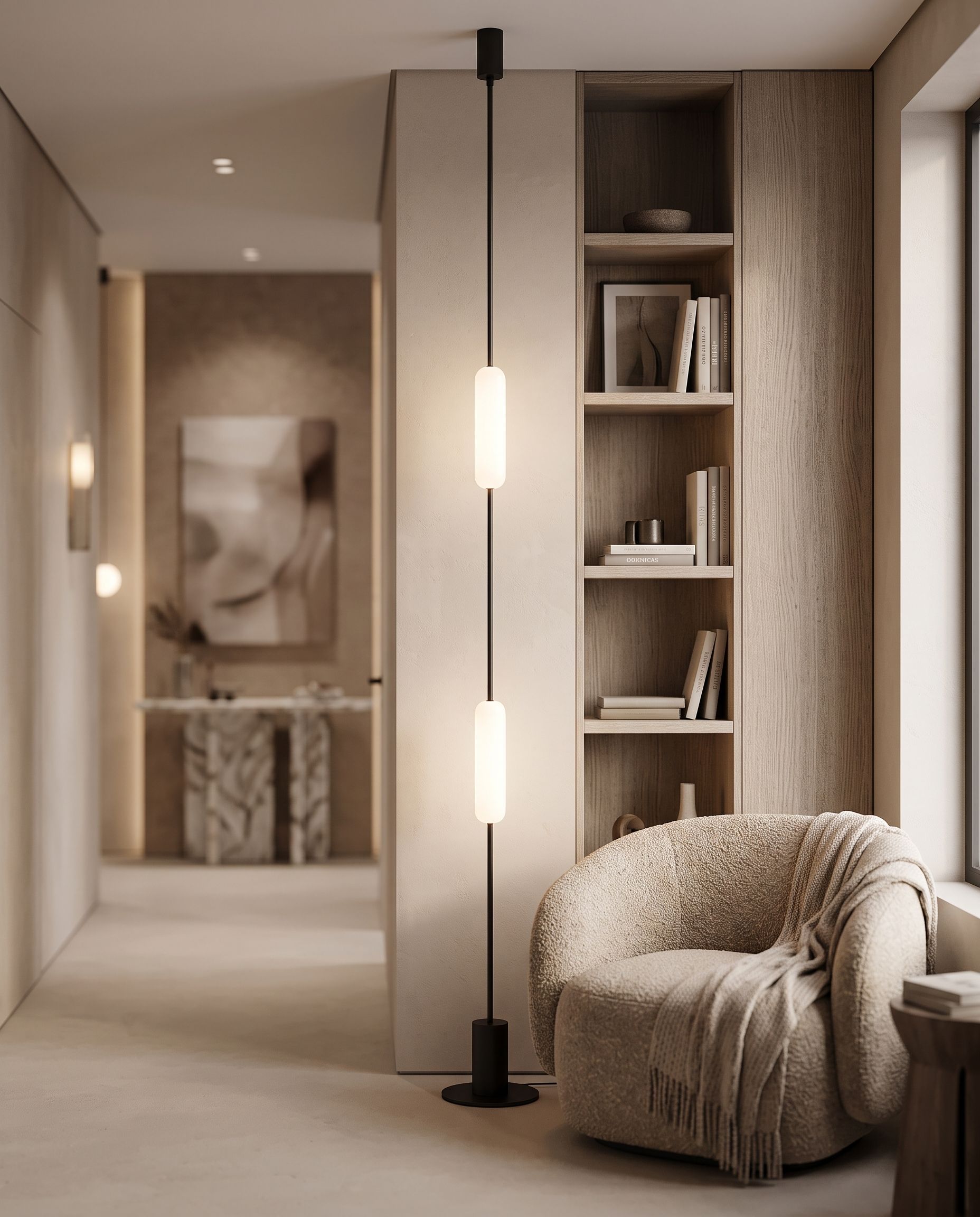 Linear LED Floor-to-Ceiling Lamp, Dimmable — reading corner in modern luxury hallway, soft evening light