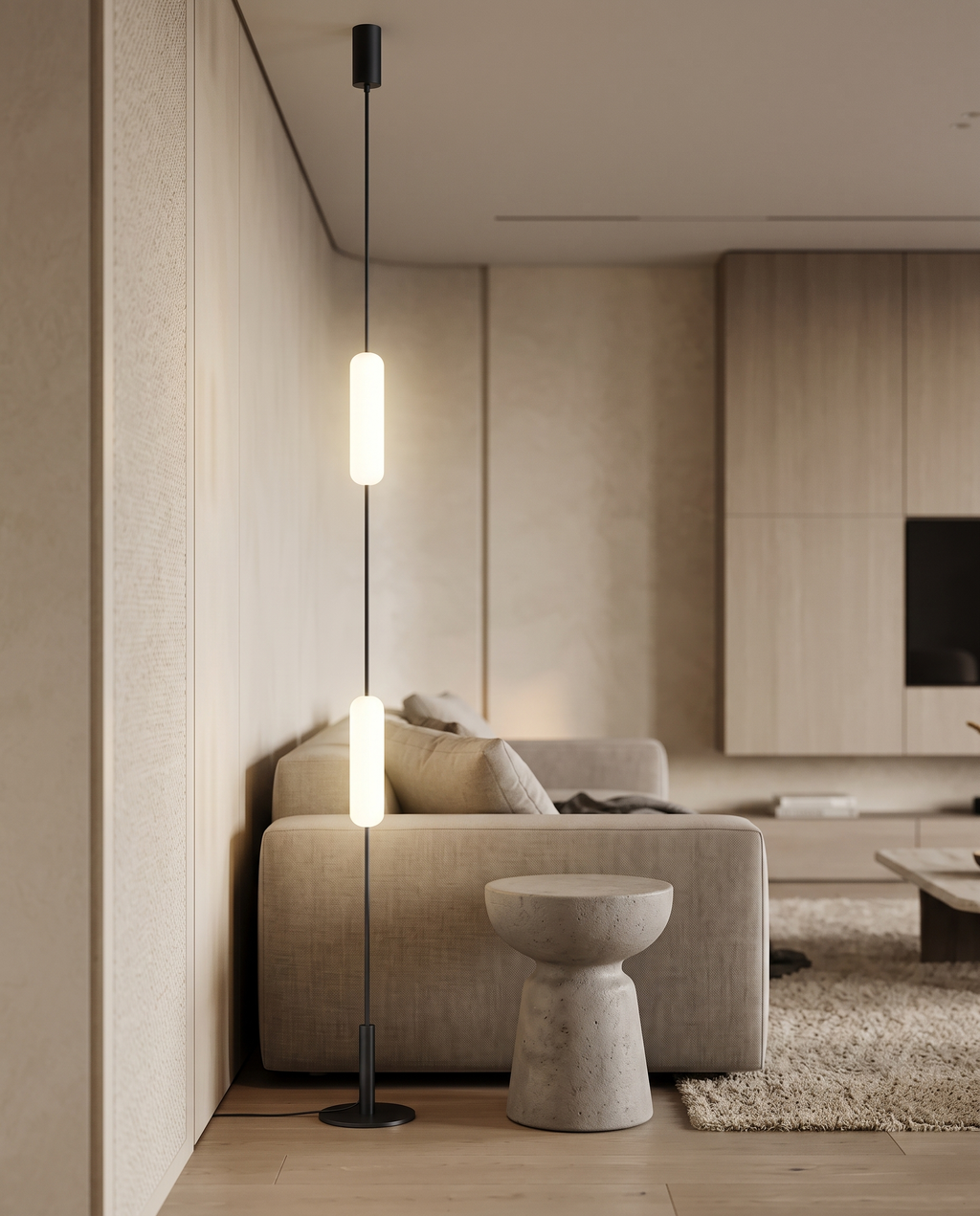 Linear LED Floor-to-Ceiling Lamp, Dimmable — full lamp in context for scale, modern luxury living room
