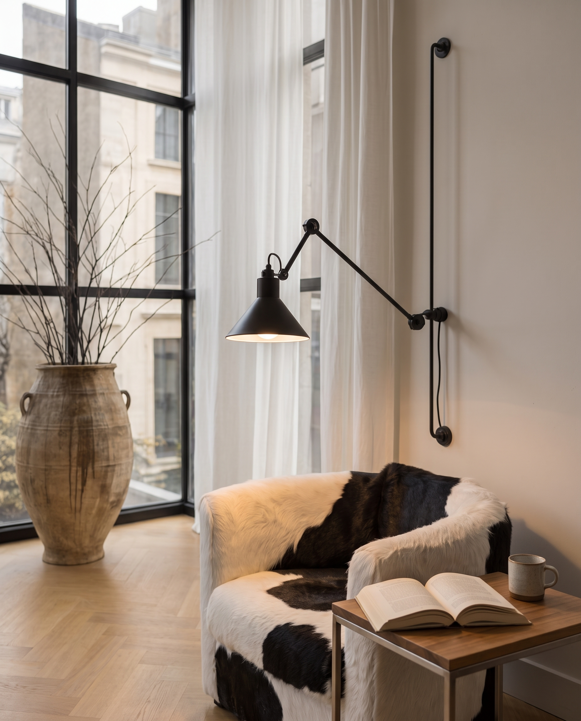 Black Iron Swing Arm Wall Light, Adjustable — beside a reading chair in a cozy living room, arm swung out with warm reading glow