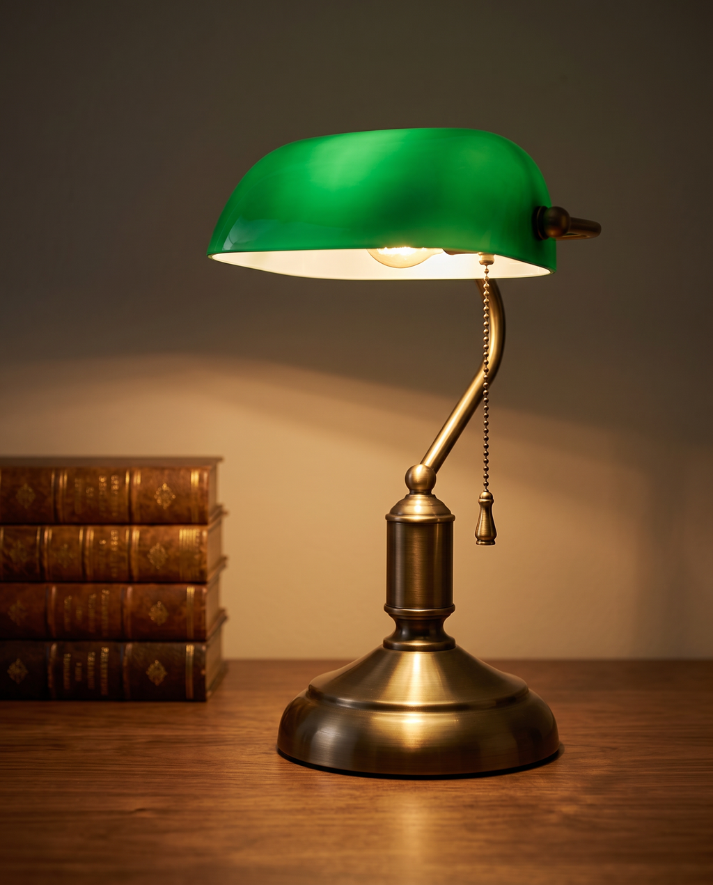 Green Shade Banker's Desk Lamp, Antique Brass LED — on a warm walnut study desk with leather-bound books and a focused pool of light