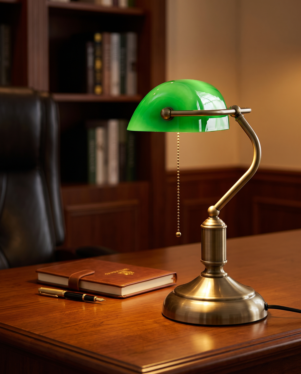 Green Shade Banker's Desk Lamp, Antique Brass LED — three-quarter angle on an executive desk showing brass and green shade detailing