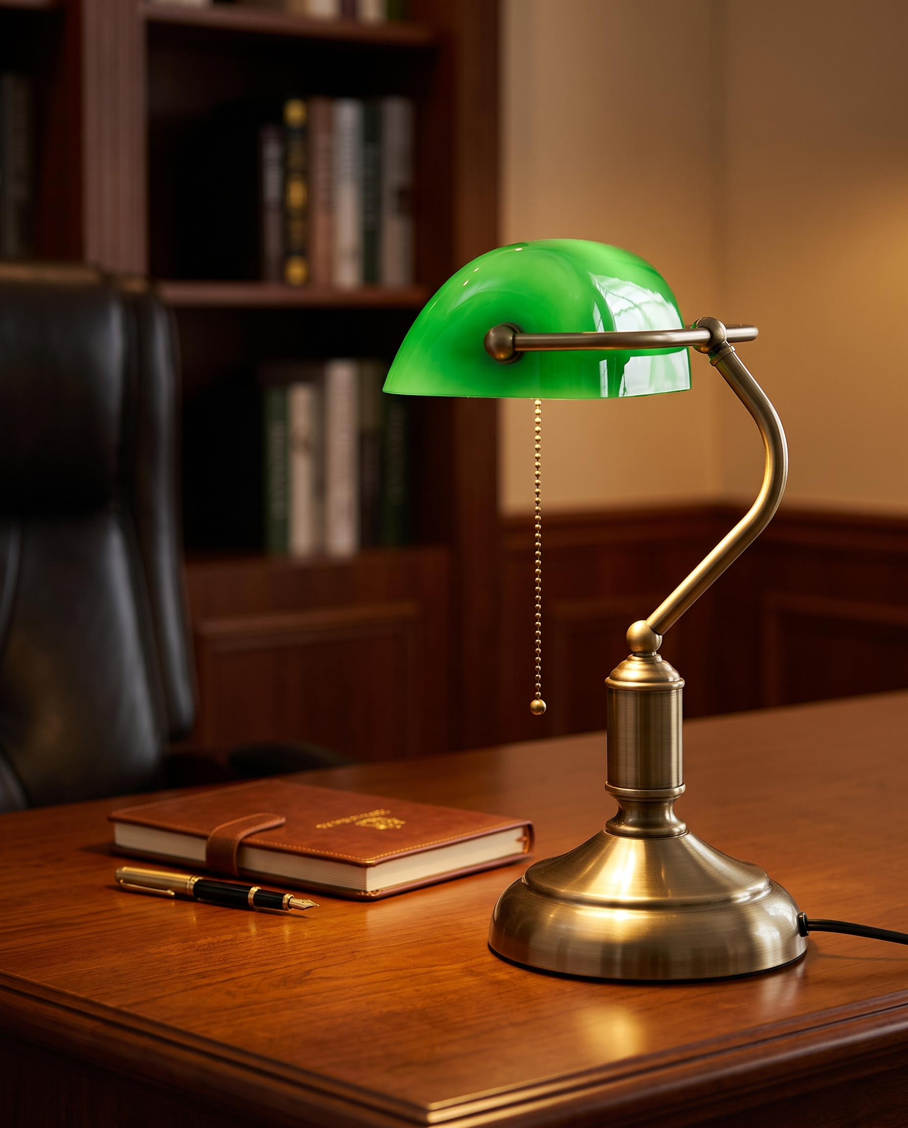Green Shade Banker's Desk Lamp, Antique Brass LED — three-quarter angle on an executive desk showing brass and green shade detailing