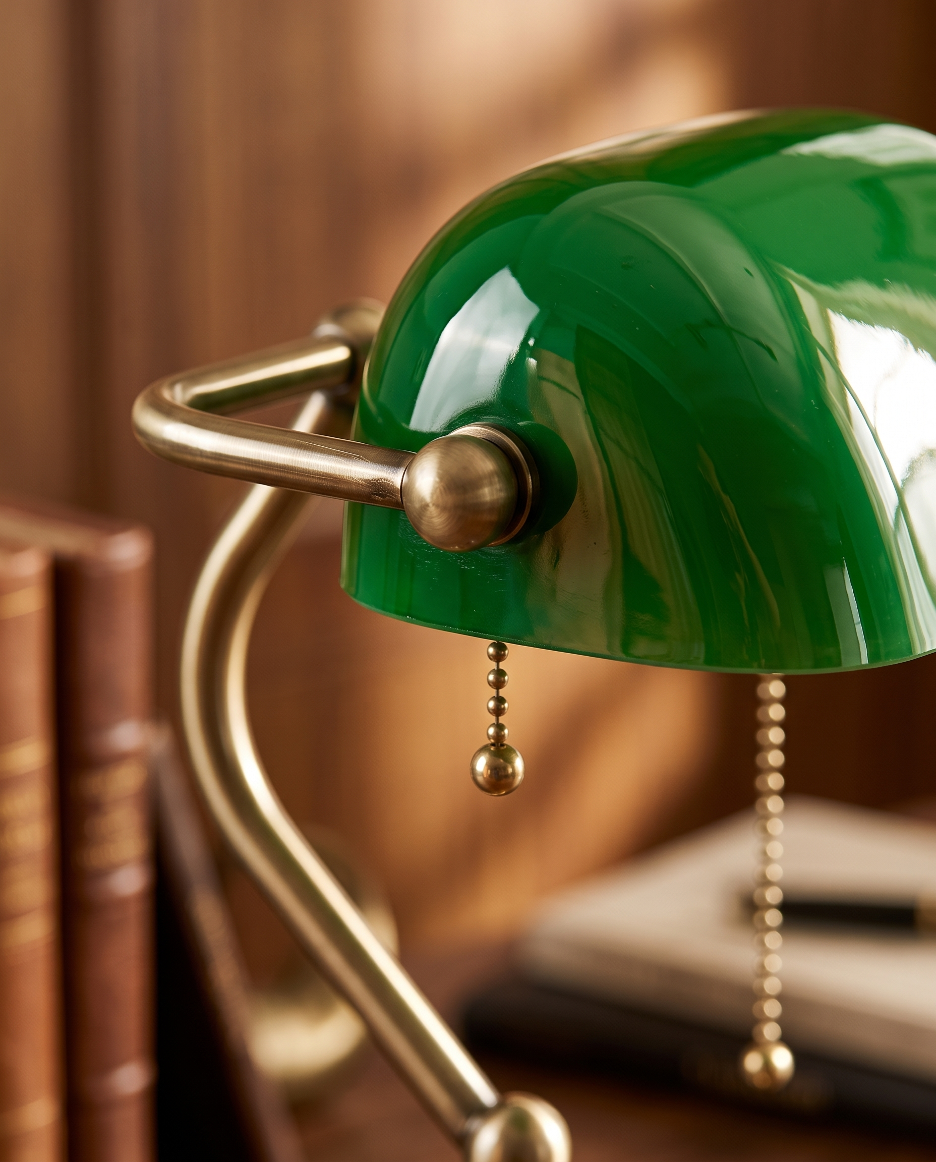 Green Shade Banker's Desk Lamp, Antique Brass LED — macro detail of the green acrylic shade meeting polished brass and the pull chain