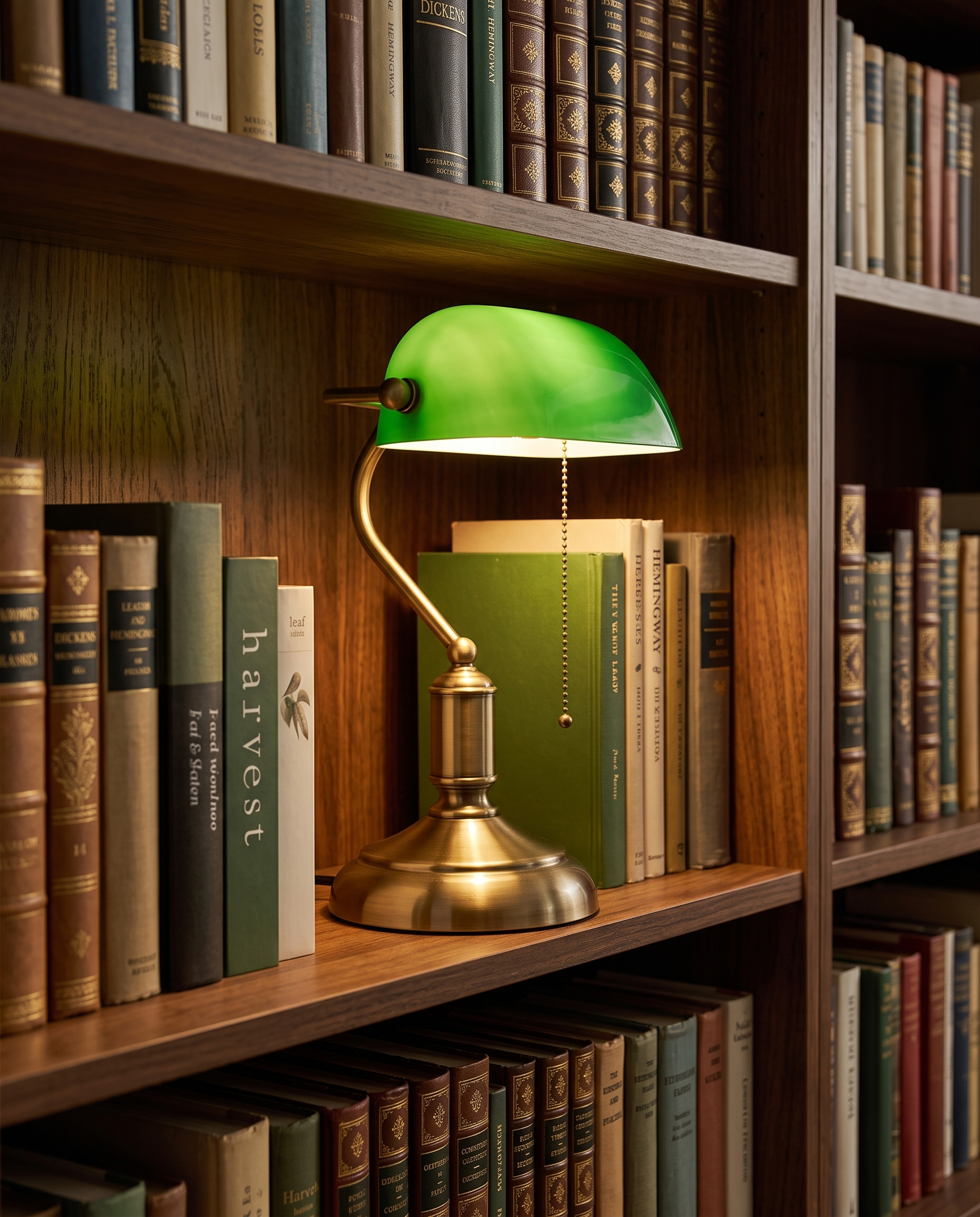 Green Shade Banker's Desk Lamp, Antique Brass LED — on a home library shelf among hardcover books in a warm evening glow