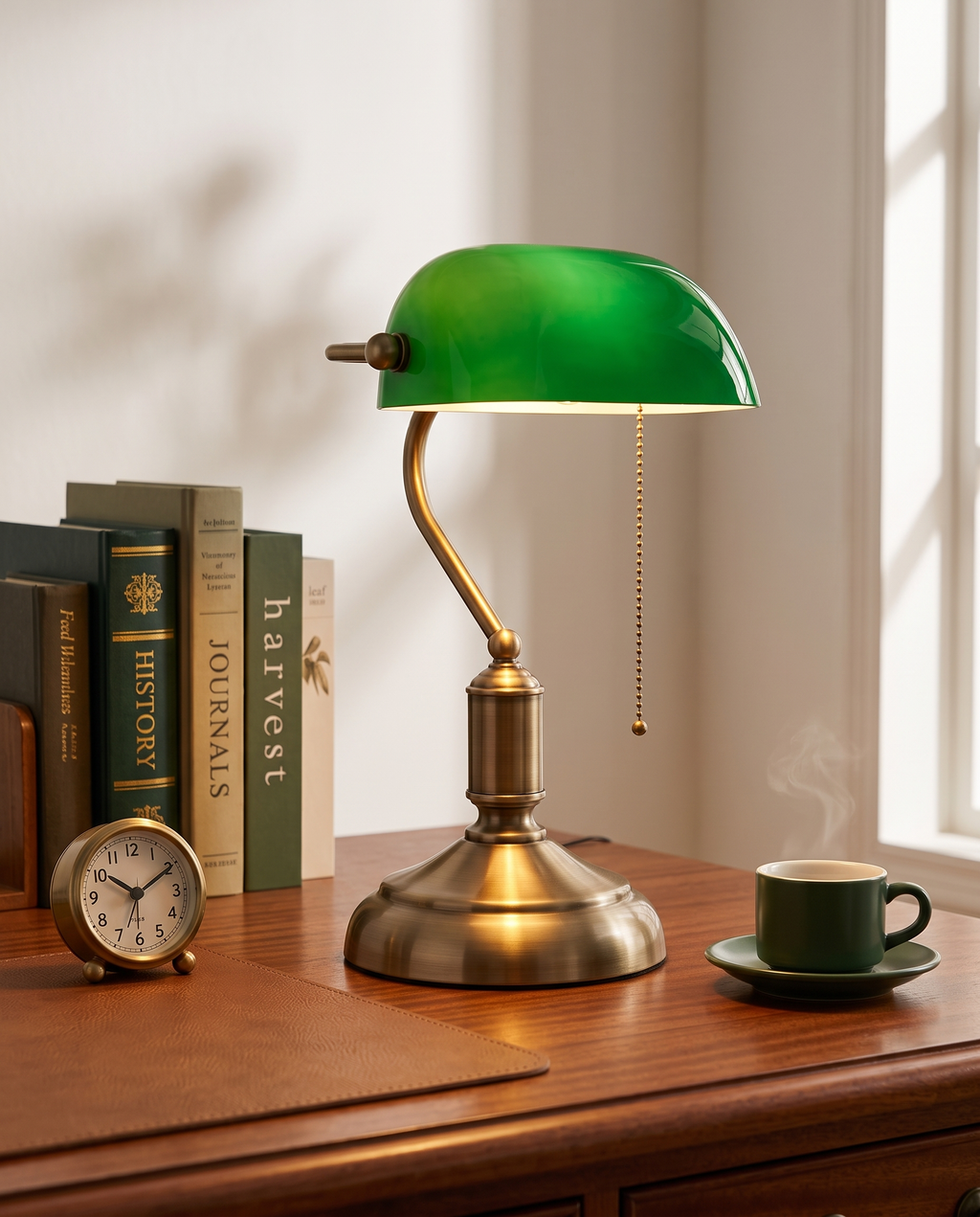 Green Shade Banker's Desk Lamp, Antique Brass LED — full lamp with desk objects for scale in a refined office setting
