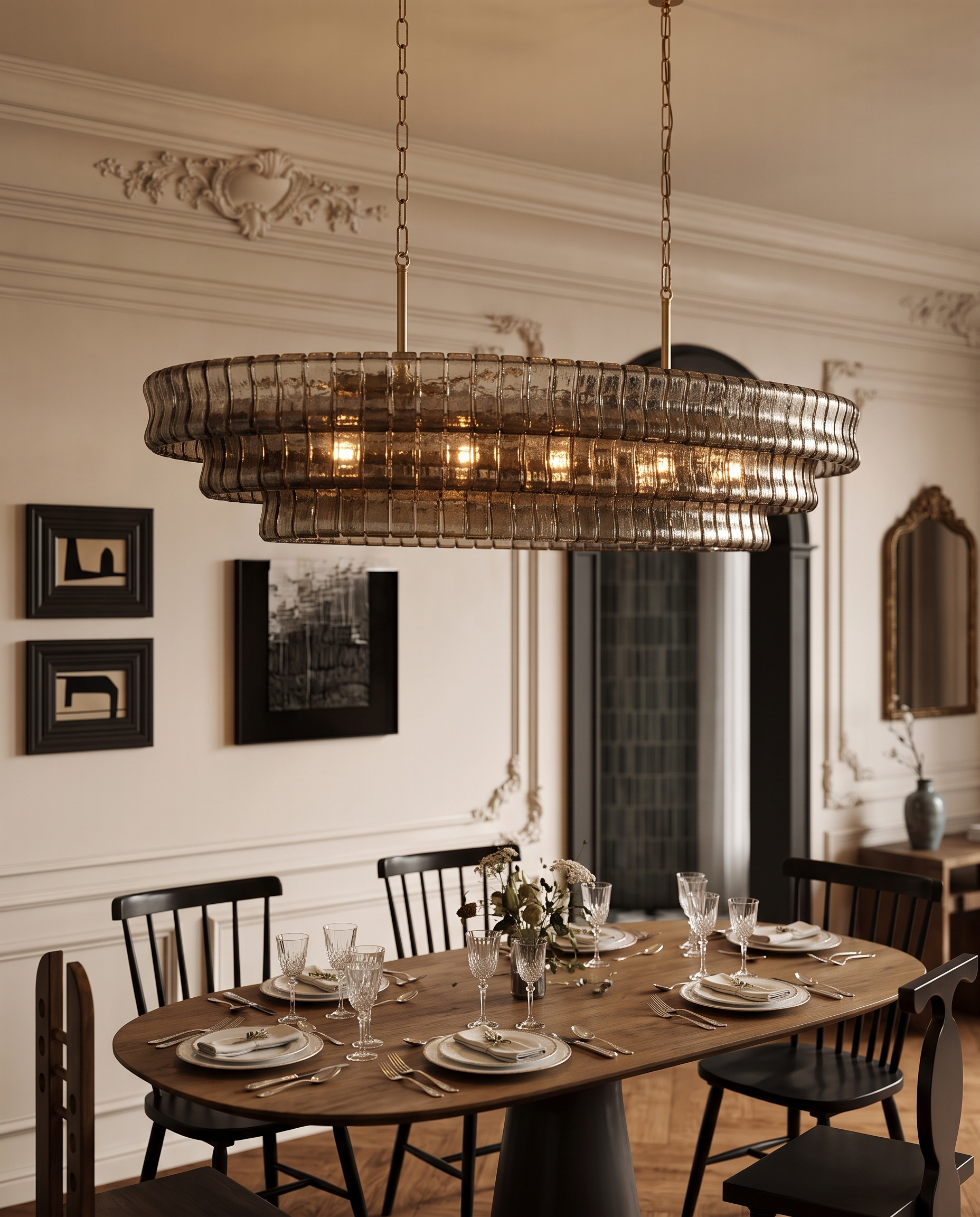 Gray Glass Oval Chandelier, Stainless Steel — hero over a dining table, elegant Parisian apartment, ornate moulding and warm evening glow