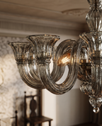 Gray Glass Oval Chandelier, Stainless Steel — macro detail, aged gray glass texture, warm side light