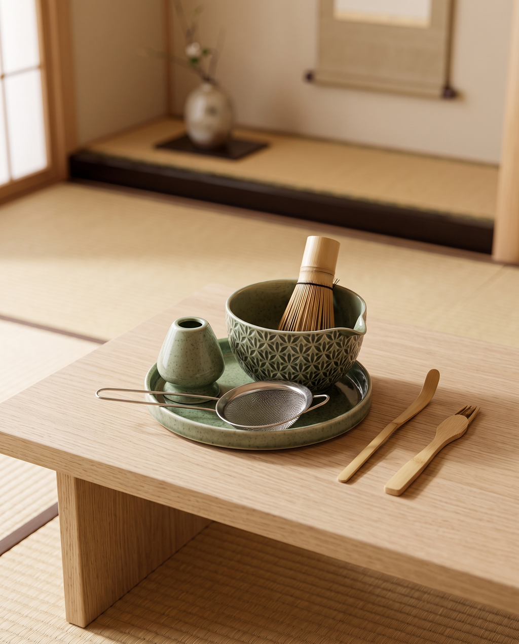 Green Pattern Matcha Tea Ceremony Set, Ceramic and Bamboo — full set hero, serene Japanese tea room on pale oak, green-pattern ceramic bowl with bamboo whisk and tools
