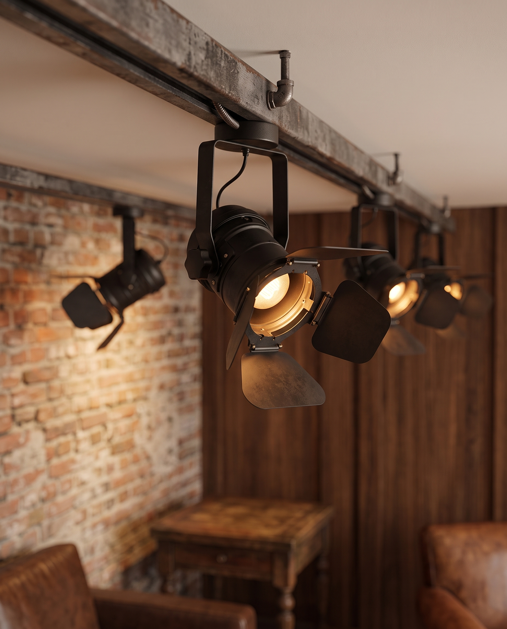 Vintage Spotlight Ceiling Light, Adjustable Iron — alt angle with tilted spotlight heads