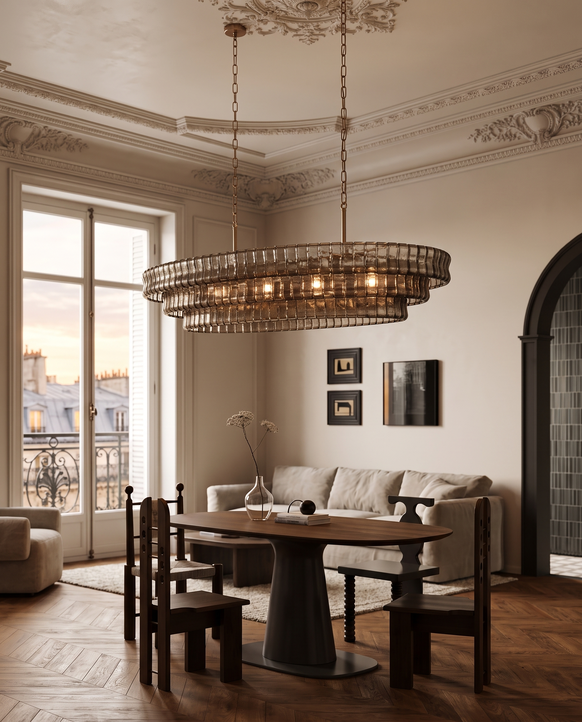 Gray Glass Oval Chandelier, Stainless Steel — wider placement and scale, Parisian living room, tall ceilings and aged wood floors