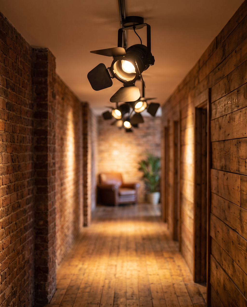 Vintage Spotlight Ceiling Light, Adjustable Iron — in a loft hallway with exposed brick