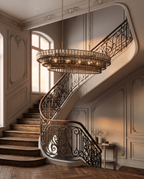 Gray Glass Oval Chandelier, Stainless Steel — entry hall and stairwell, curved staircase, warm window light