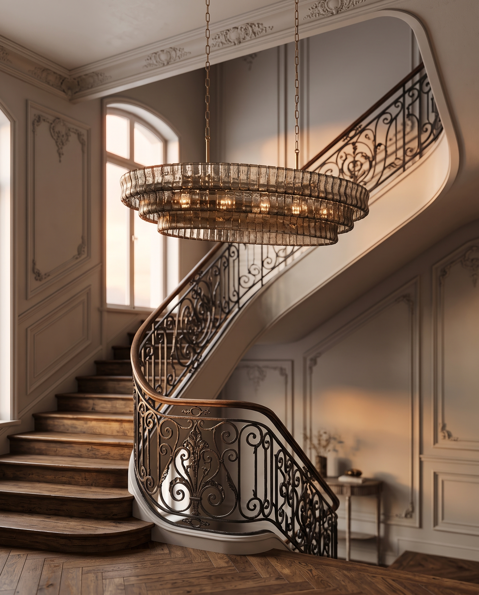 Gray Glass Oval Chandelier, Stainless Steel — entry hall and stairwell, curved staircase, warm window light