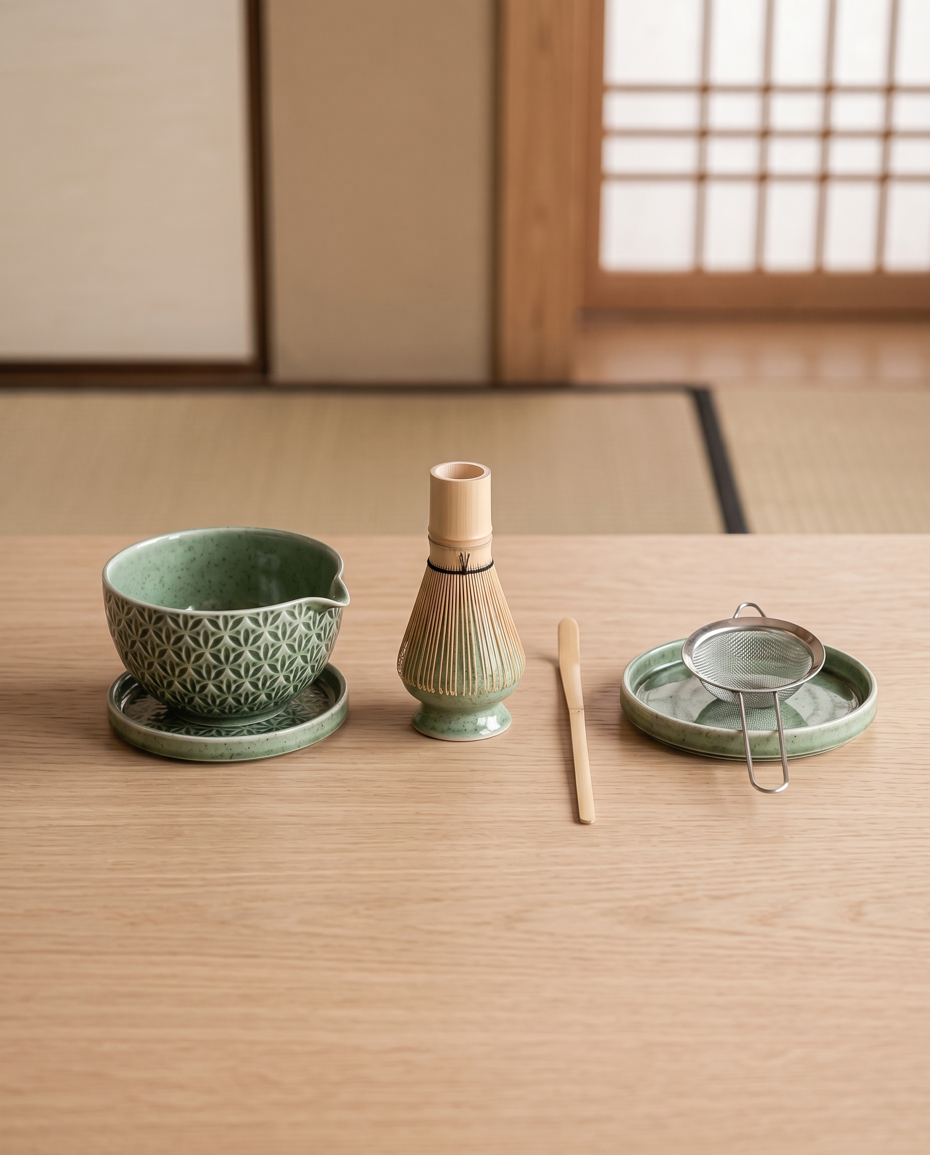Green Pattern Matcha Tea Ceremony Set, Ceramic and Bamboo — full set contents laid out, Japanese tea room on pale oak, bowl, bamboo whisk, scoop and whisk holder