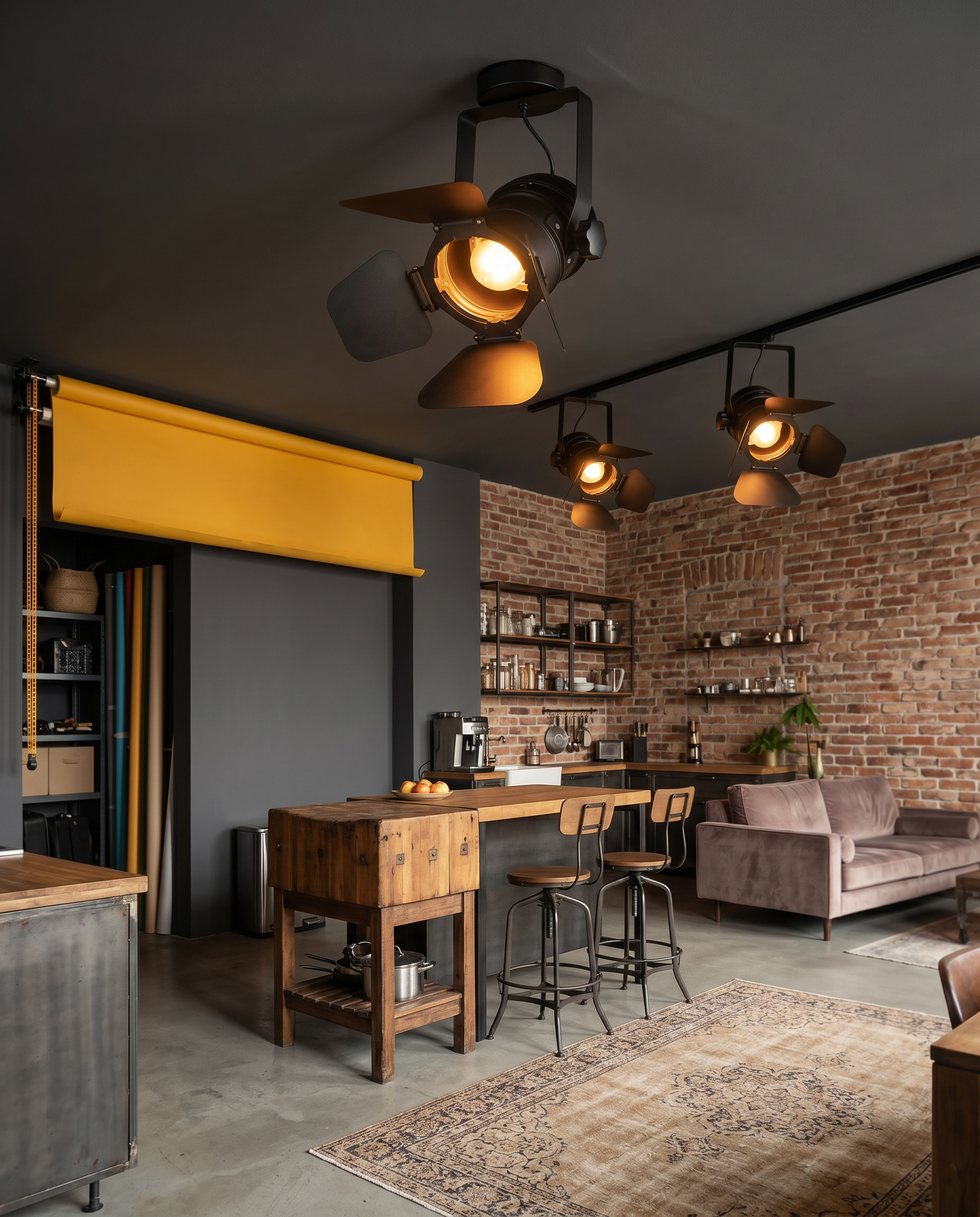 Vintage Spotlight Ceiling Light, Adjustable Iron — wider view showing scale in a loft