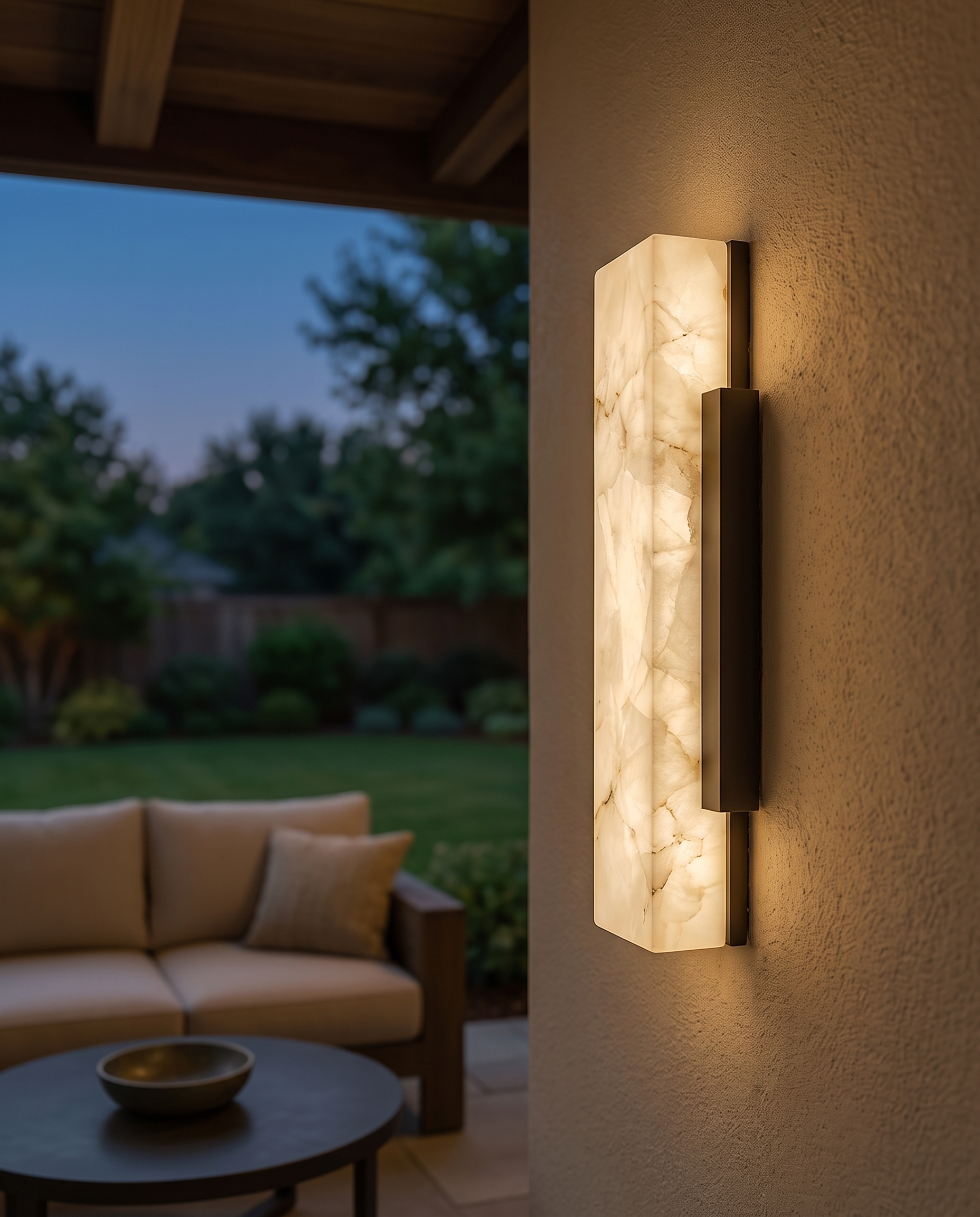 Outdoor LED Wall Light, Faux Marble and Steel — alternate angle on a modern stone wall
