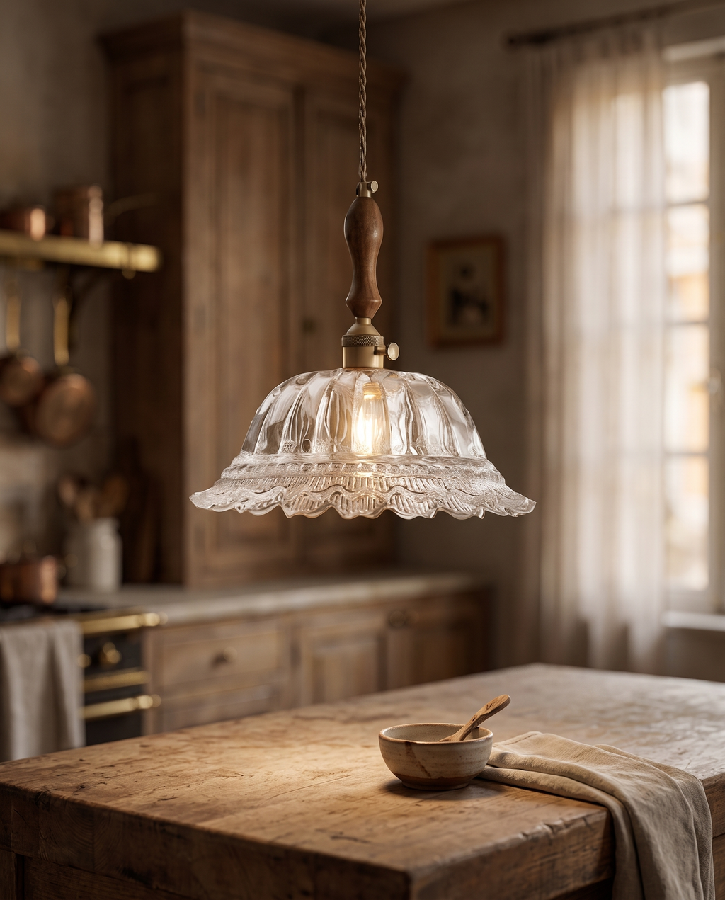 Walnut and Brass Pendant Light, Frosted Glass — hero over a kitchen island, warm Parisian apartment, soft downward glow