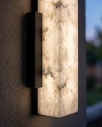 Outdoor LED Wall Light, Faux Marble and Steel — detail macro of the faux-marble veining