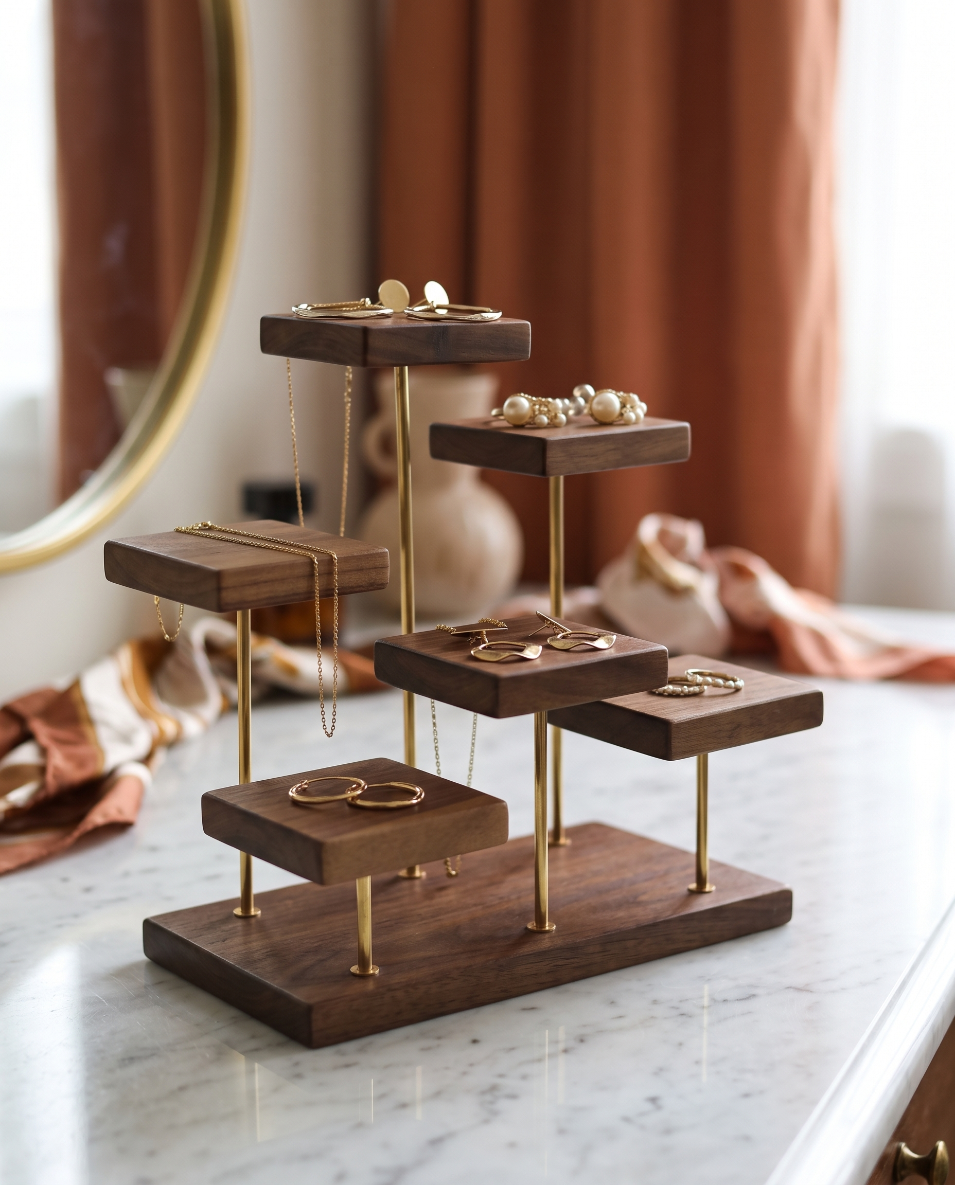 Walnut and Brass Jewelry Display Stand