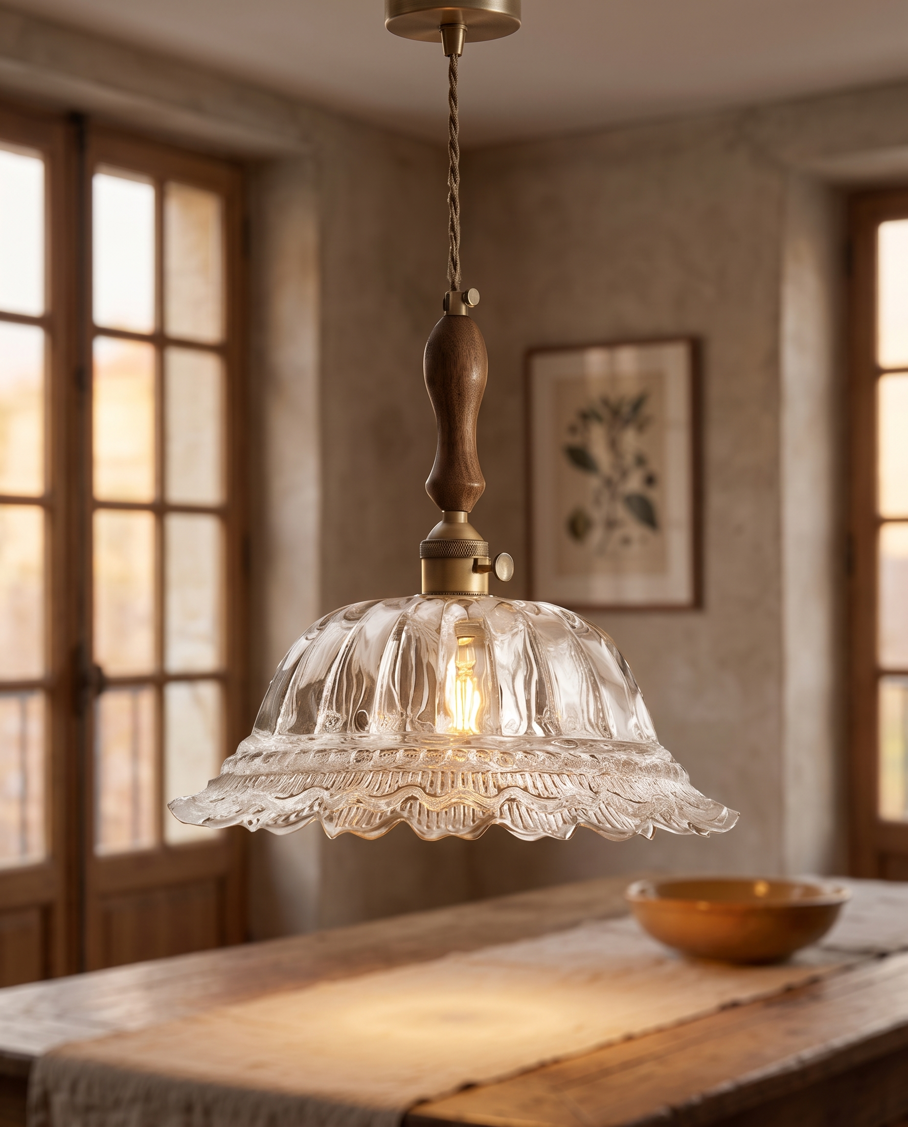 Walnut and Brass Pendant Light, Frosted Glass — alternate angle over a dining table, Parisian interior, glass and brass