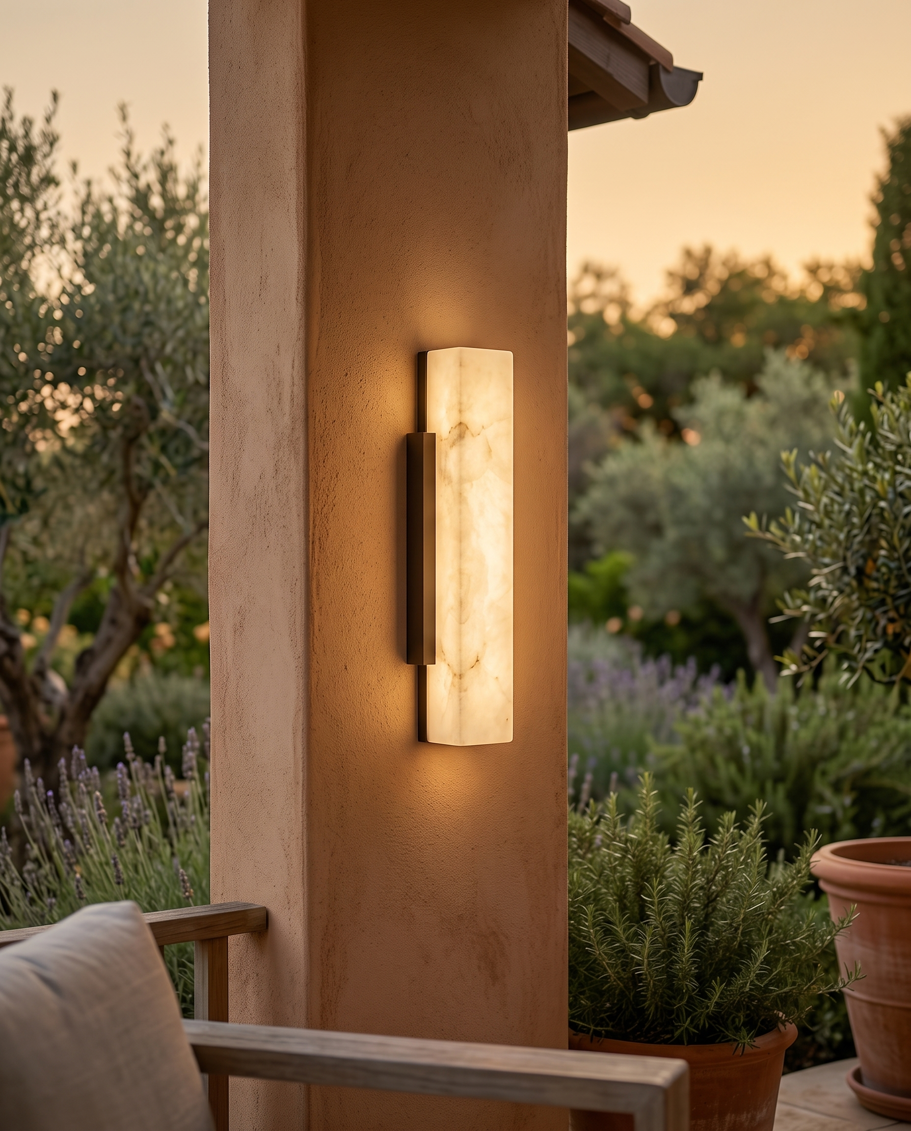 Outdoor LED Wall Light, Faux Marble and Steel — on a garden terrace wall at dusk