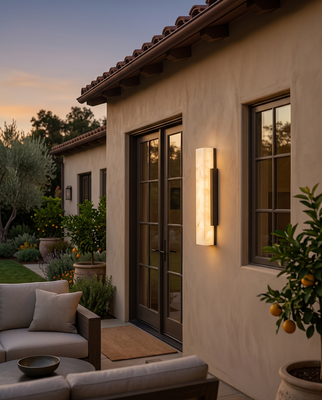 Outdoor LED Wall Light, Faux Marble and Steel — placement and scale beside a doorway