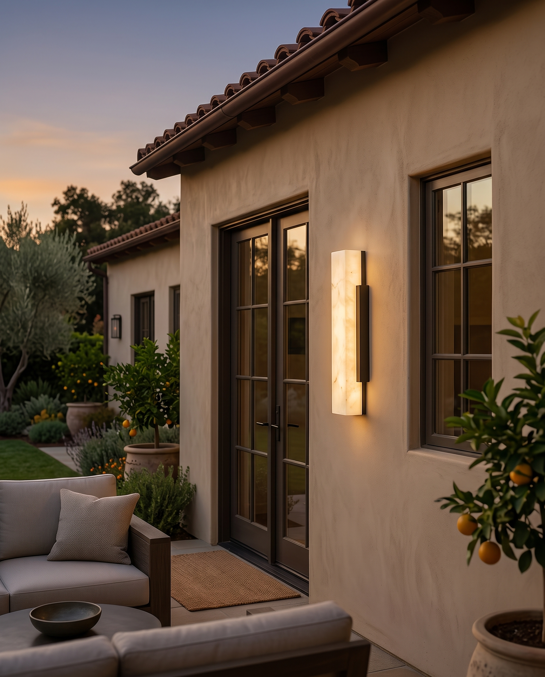 Outdoor LED Wall Light, Faux Marble and Steel — placement and scale beside a doorway