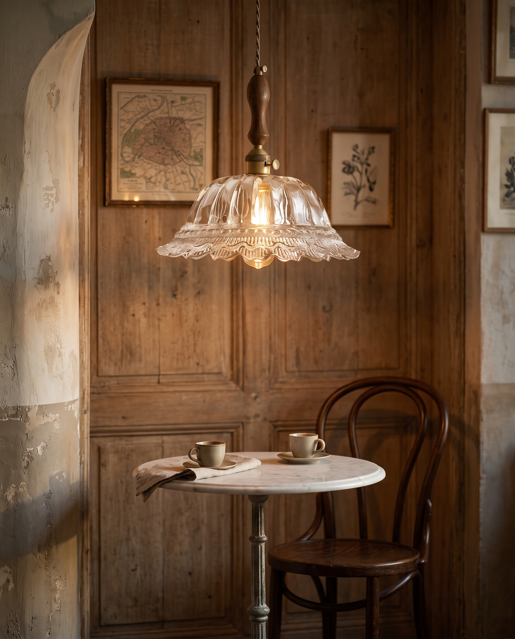 Walnut and Brass Pendant Light, Frosted Glass — French bistro-style nook, marble cafe table, warm evening light