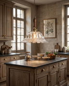 Walnut and Brass Pendant Light, Frosted Glass — placement and scale, wider Parisian kitchen view, glass and brass pendant