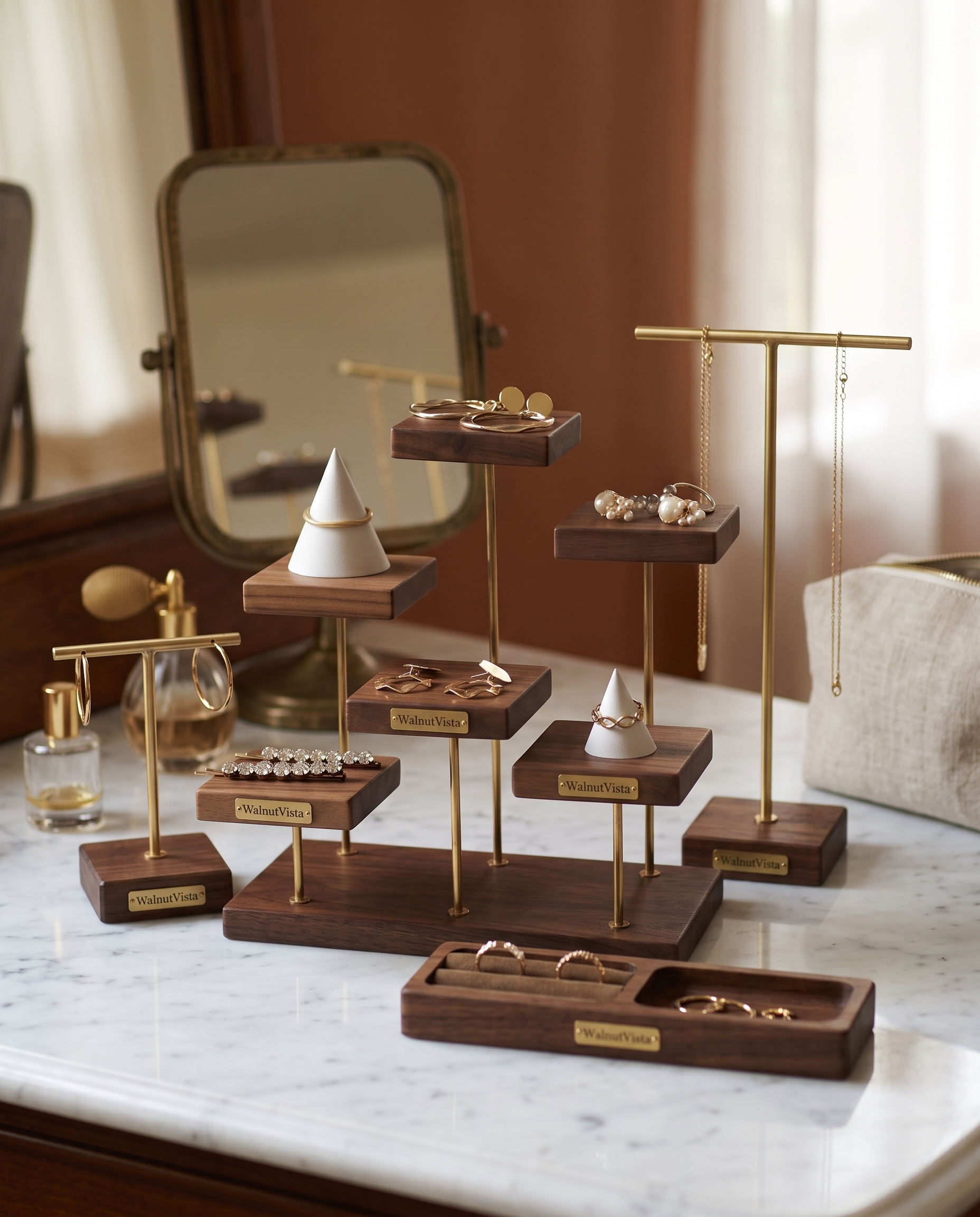 Walnut and Brass Jewelry Display Stand