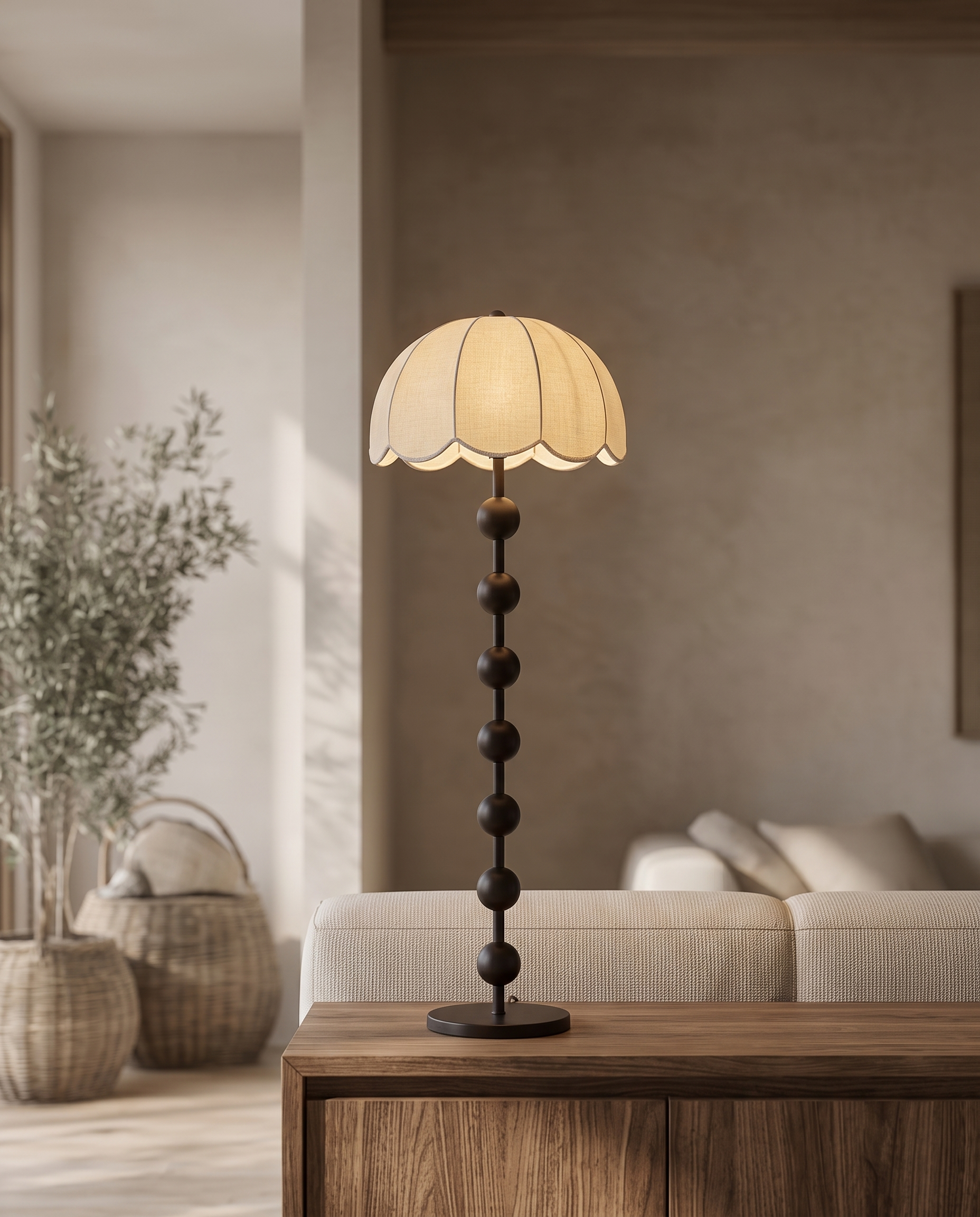 Mushroom Lamp, Walnut Wood Base and Fabric Shade — on a console in a modern Japandi living room with a glowing warm fabric shade
