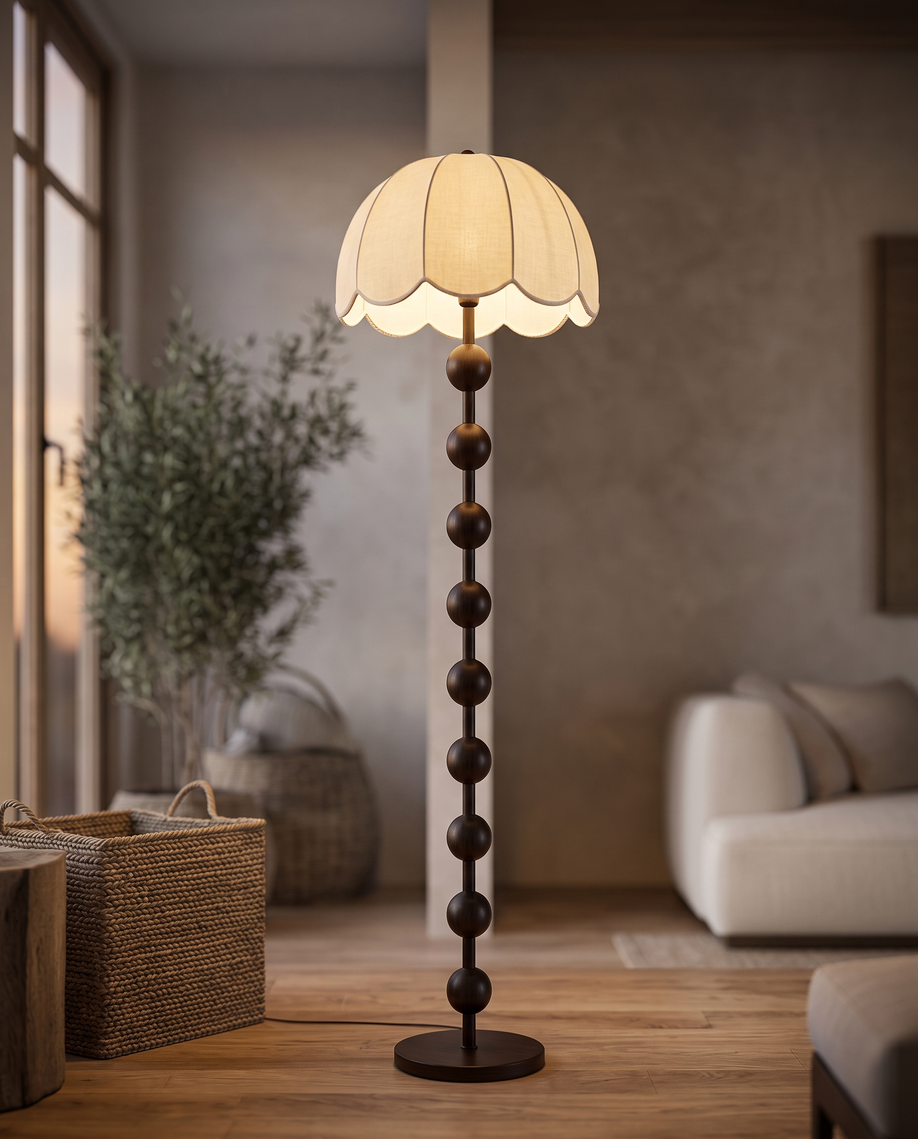 Mushroom Lamp, Walnut Wood Base and Fabric Shade — three-quarter angle on a warm wood surface in a neutral modern interior