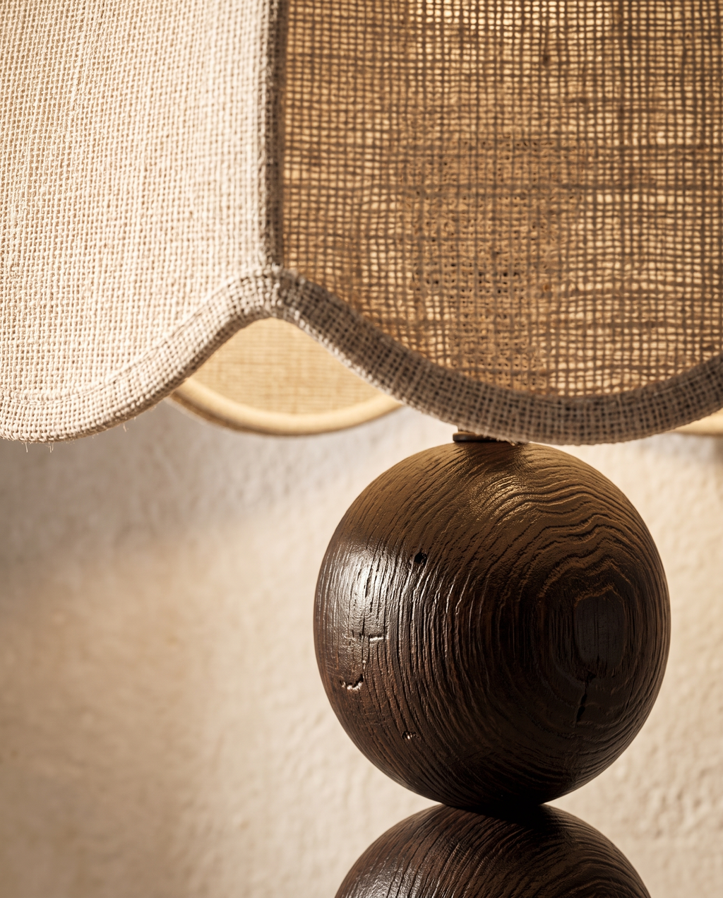 Mushroom Lamp, Walnut Wood Base and Fabric Shade — macro detail of the fabric shade and wood base