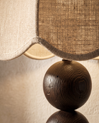 Mushroom Lamp, Walnut Wood Base and Fabric Shade — macro detail of the fabric shade and wood base