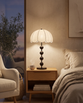 Mushroom Lamp, Walnut Wood Base and Fabric Shade — bedroom reading corner in the evening with warm glow on a nightstand