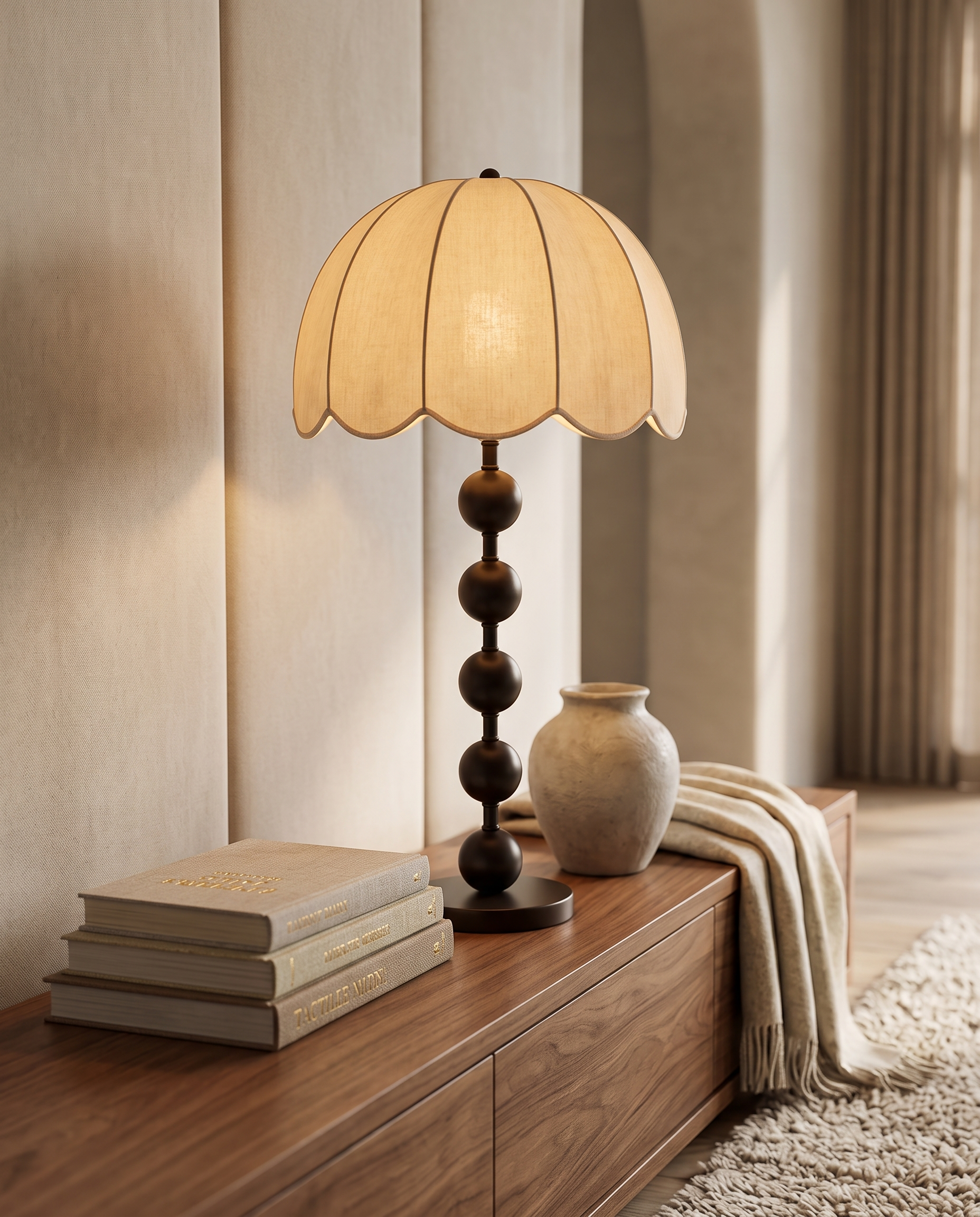 Mushroom Lamp, Walnut Wood Base and Fabric Shade — full lamp with books and vase for scale in a modern living room