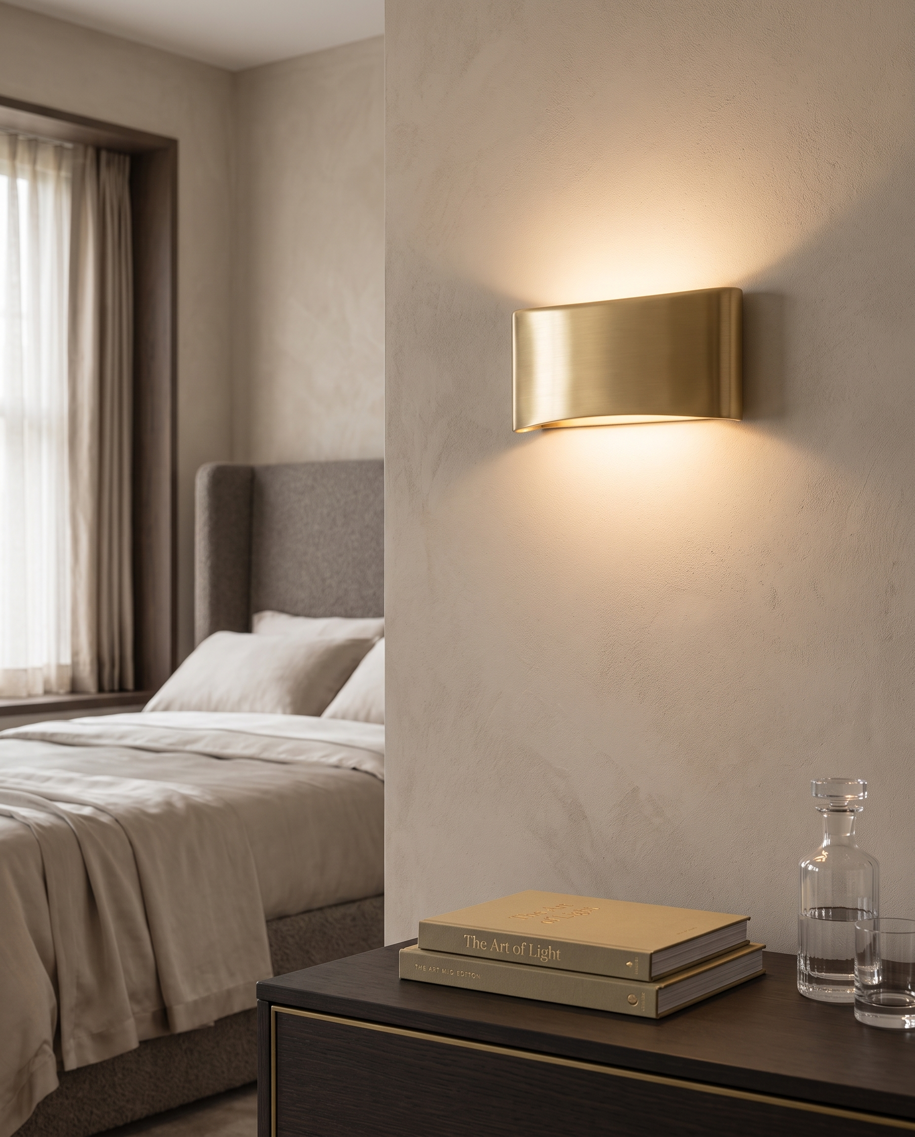 Curved Gold Up and Down Wall Light, Aluminum — hero sconce, modern luxury bedroom wall, soft warm curved glow