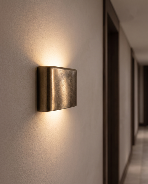 Curved Gold Up and Down Wall Light, Aluminum — alternate angle, modern hallway wall, curved gold form