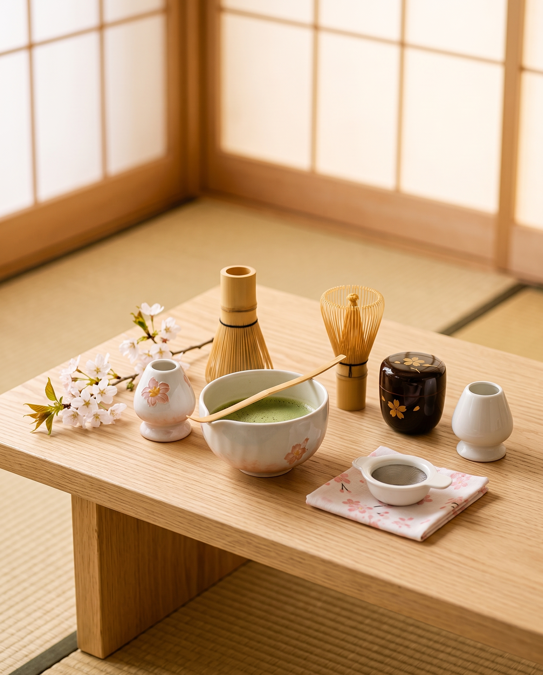 Cherry Blossom Matcha Ceremonial Set — complete set arranged, Japanese tea room, cherry-blossom ceramic bowl with bamboo whisk and scoop on pale oak