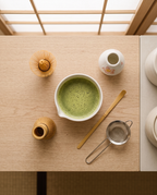 Cherry Blossom Matcha Ceremonial Set — top-down flat-lay, calm zen kitchen, cherry-blossom bowl centered with bamboo whisk and scoop