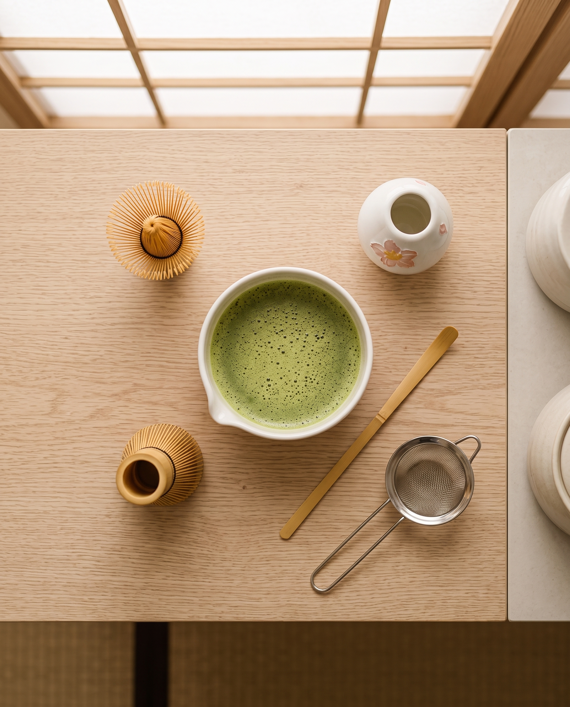Cherry Blossom Matcha Ceremonial Set — top-down flat-lay, calm zen kitchen, cherry-blossom bowl centered with bamboo whisk and scoop