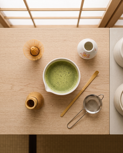 Cherry Blossom Matcha Ceremonial Set — top-down flat-lay, calm zen kitchen, cherry-blossom bowl centered with bamboo whisk and scoop