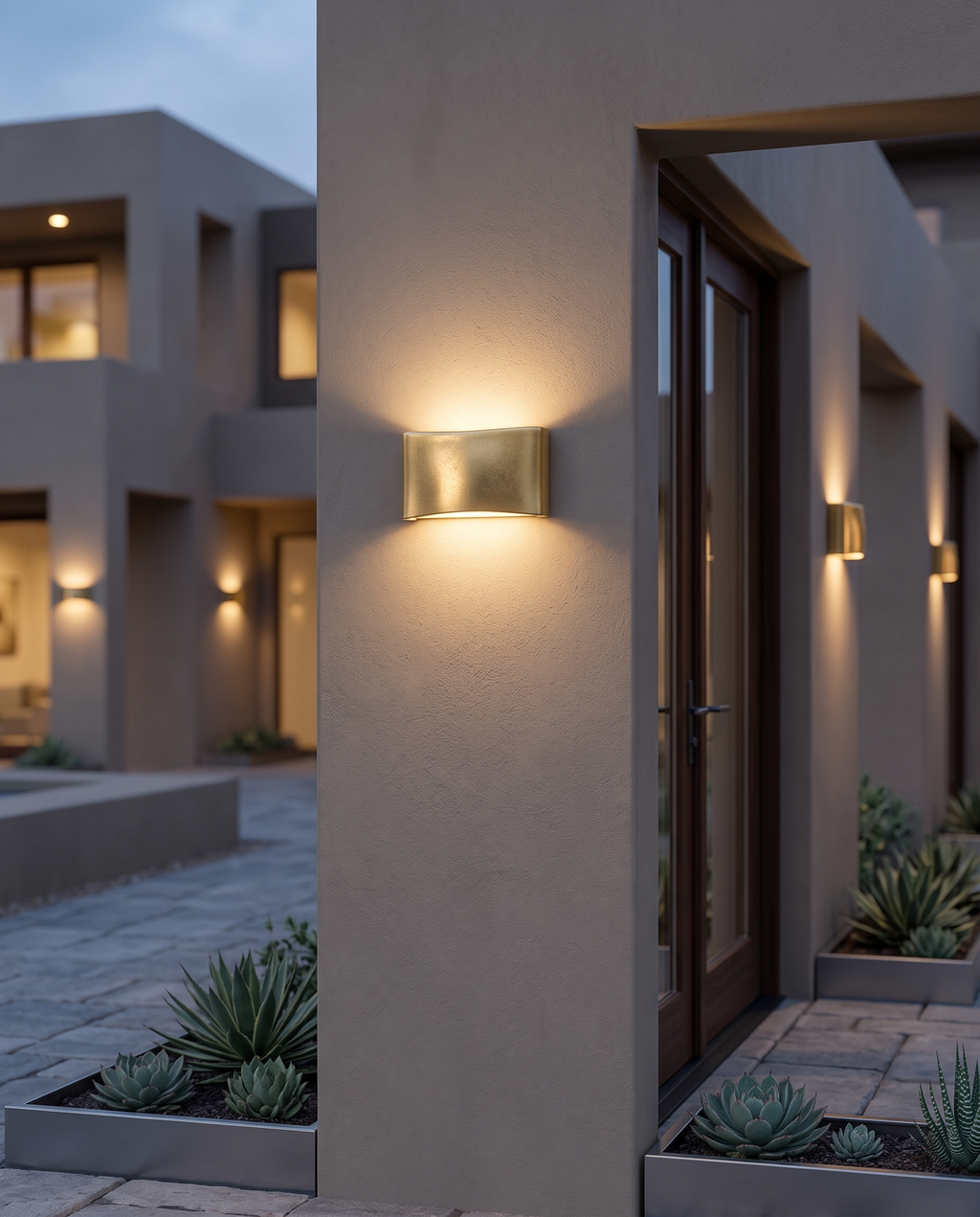 Curved Gold Up and Down Wall Light, Aluminum — exterior sconce, villa facade at dusk, warm glow