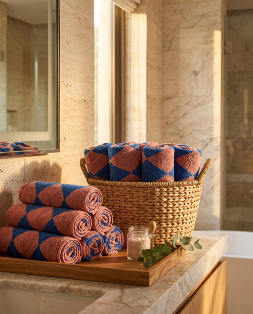 Blue Diamond Pattern Cotton Bath Towel Set — rolled spa display in woven basket, luxury hotel bathroom, travertine surfaces